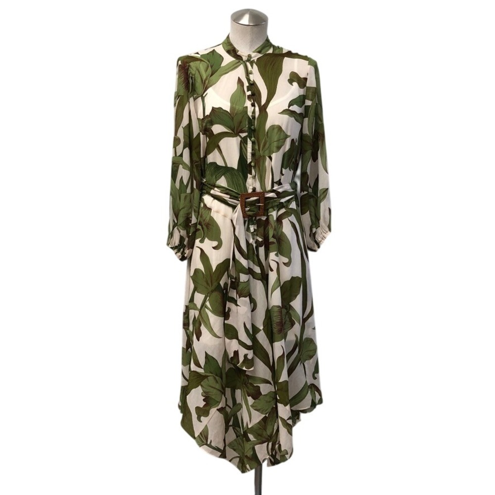 Maryan Mehlhorn Shirtdress Women Medium Green Floral Belted Button Front Midi